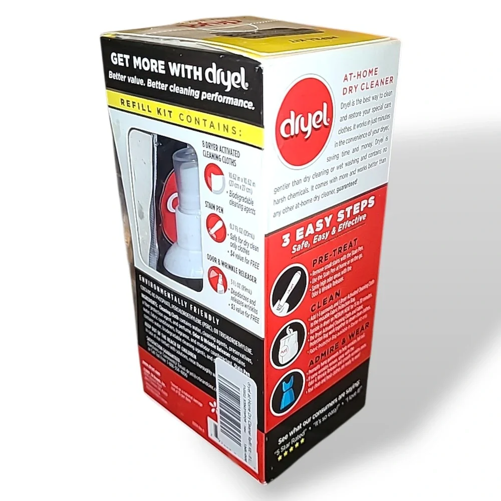 Dryel At Home Dry Cleaner Refill Kit NOS 8 Cloths Stain‎ Pen Wrinkle Spray